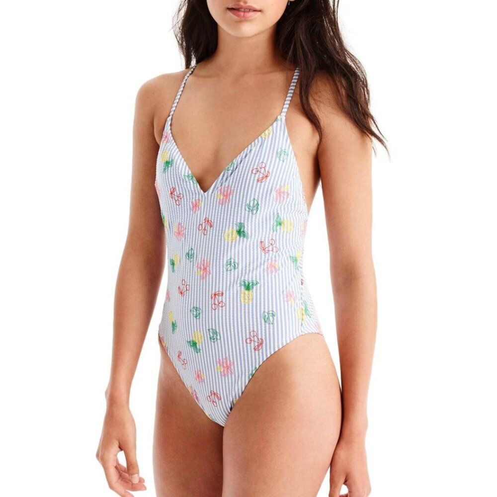 NWT J. Crew Seersucker w Embroidered Fruit V-Neck One-Piece Swimsuit 4